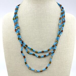 Turquoise Tone Blue Multicolor Glass Bead Multi Strand Necklace Boho Statement